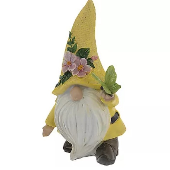 Whimsical Gnome Statue Yellow Hat Pink Flowers & Butterfly Resin 5" In /Outdoor - Picture 5 of 6